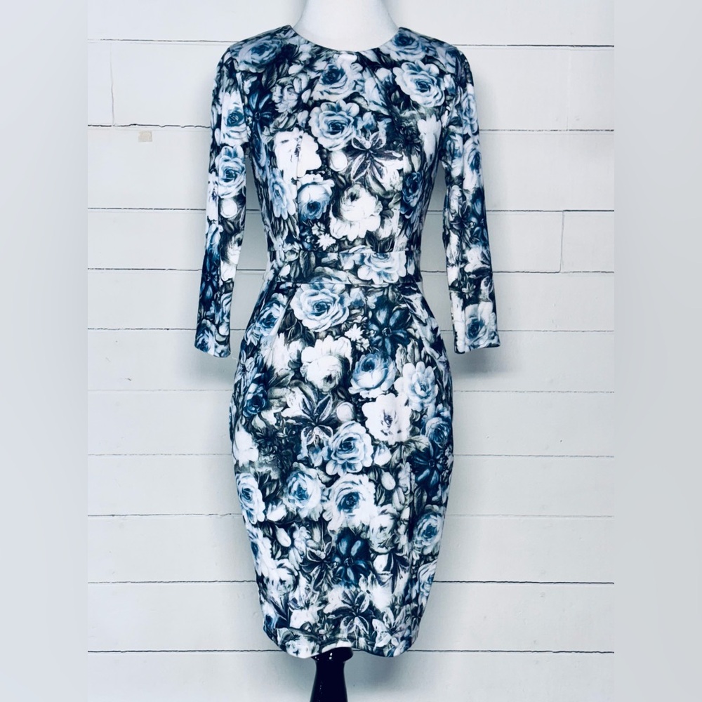 Another Story Women’s Blue & White Floral Long Sleeveeve Midi Dress Size XS